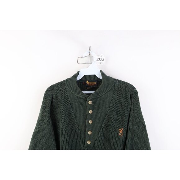 Vtg 90s Streetwear Mens Large Faded Cotton Ribbed Knit Henley Sweater Green USA - Picture 2 of 16